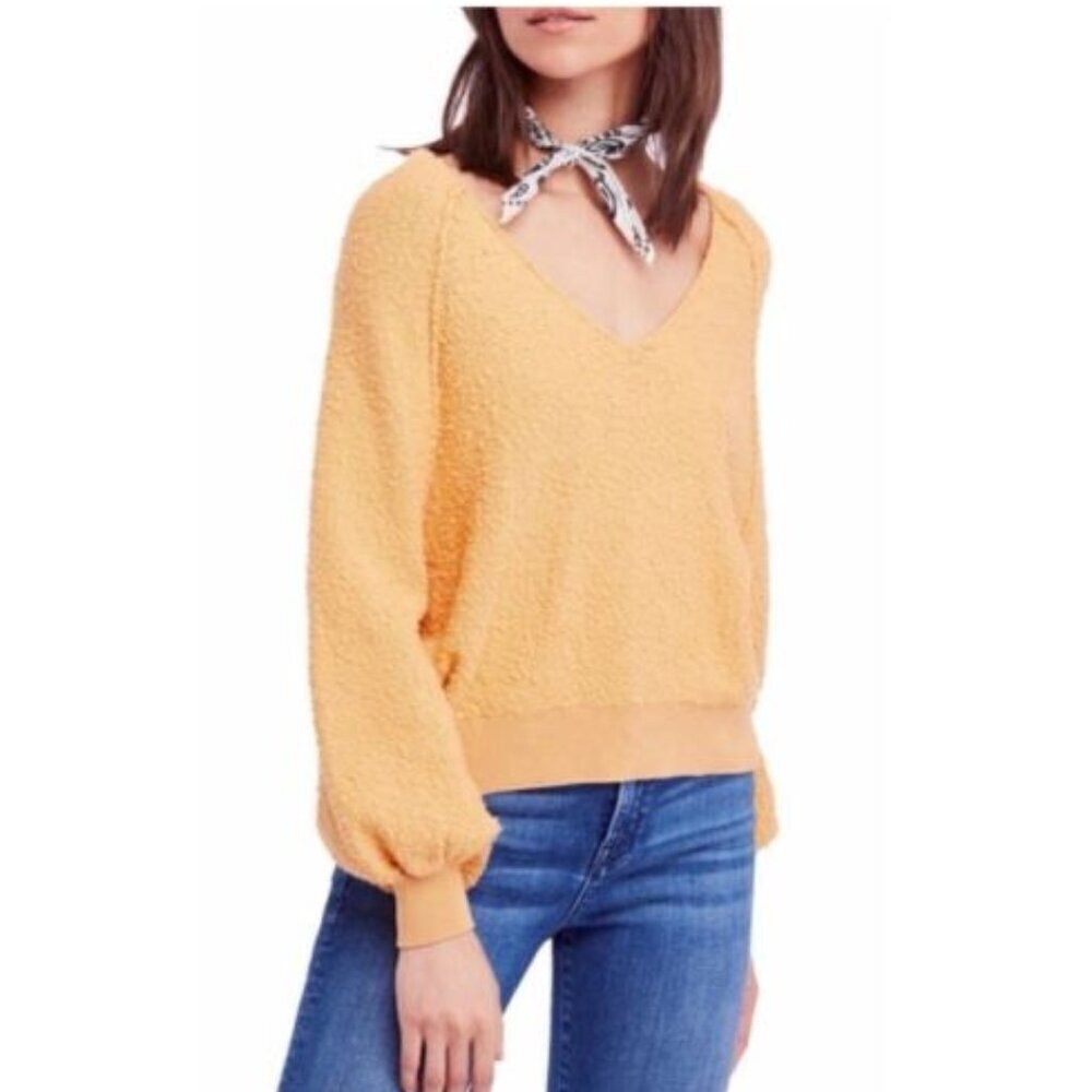 Free People Found My Friend Sweater V Neck Boucle Yellow Gold EUC Size XS